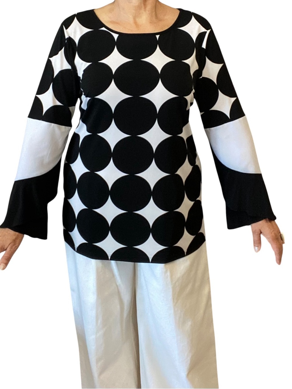 Black & White Dot Bell-Sleeve Women's Top retro 70s vibe Size L